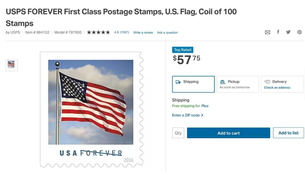 USPS FOREVER First Class Postage Stamps, U.S. Flag, Coil of 100 Stamps